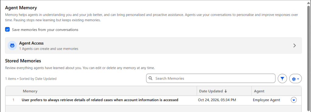 Memory & Preferences panel